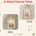 Two tote bags with designs labeled 'Western Skull Tote' and 'Pink Coffee Icon Tote' on a light background.